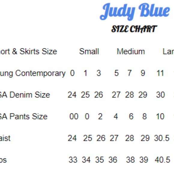 judy blue size chart
